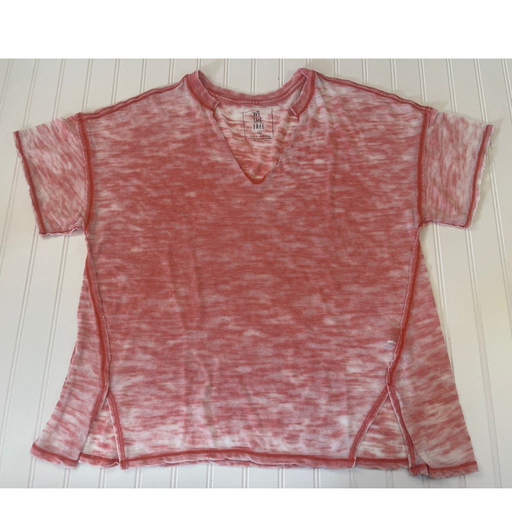 We The Free Free People Coral White Space Dye V-Neck Boxy Tee Top Small